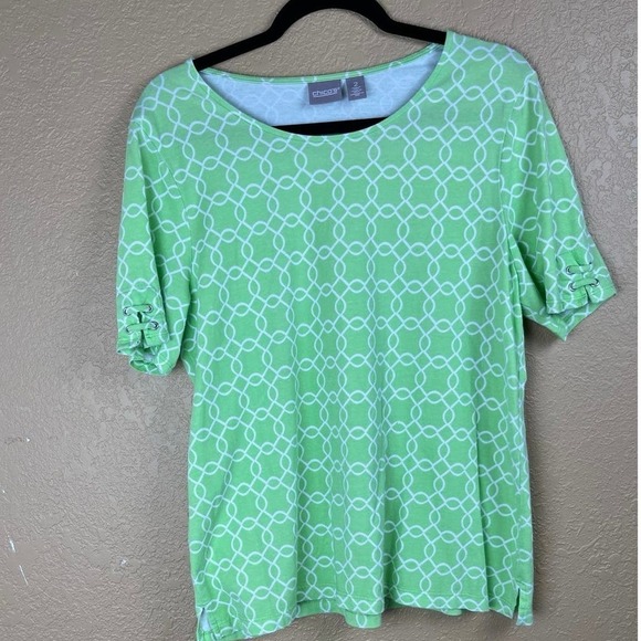 Chico’s Green Print Pullover Top, Decorative Sleeves, Size 2 - Picture 1 of 6